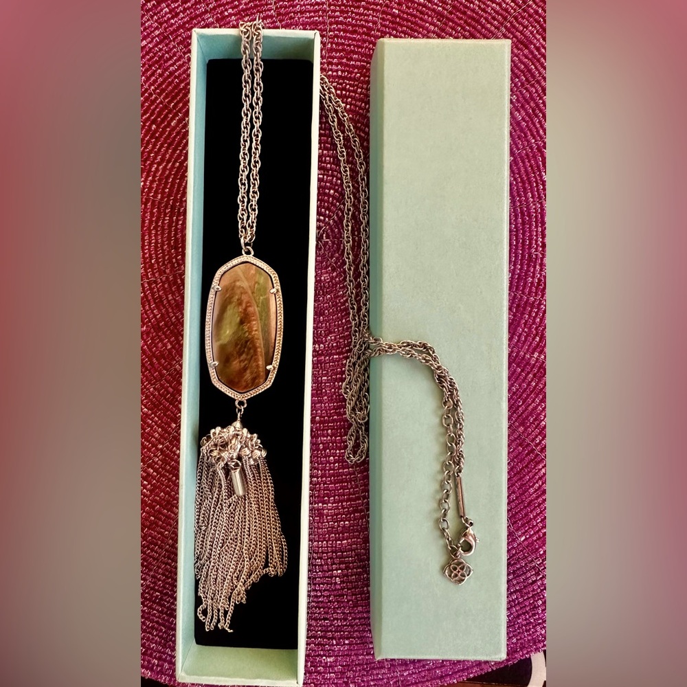 Kendra Scott smoke quartzite necklace, silver tone tassels and 30 inch chain.